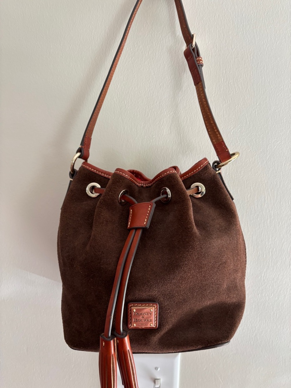 Dooney & Bourke Brown Suede Drawstring Hobo with Leather Trim